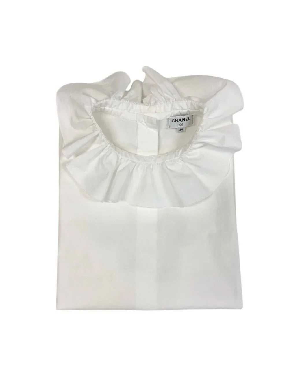 Chanel Frill Neck Sleeveless Shirt Back Button 34 White Cotton